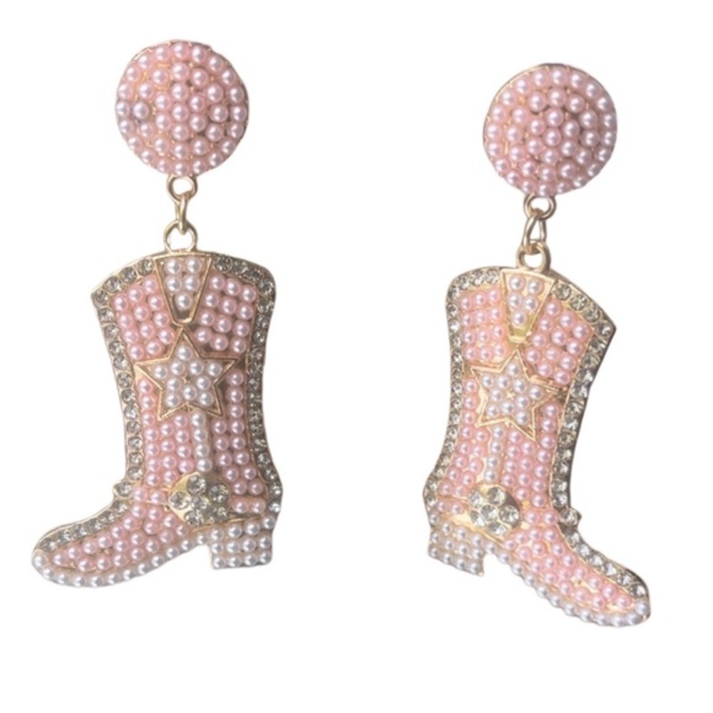 Cowgirl boot earrings. Pink and white pearl with rhinestones outline.